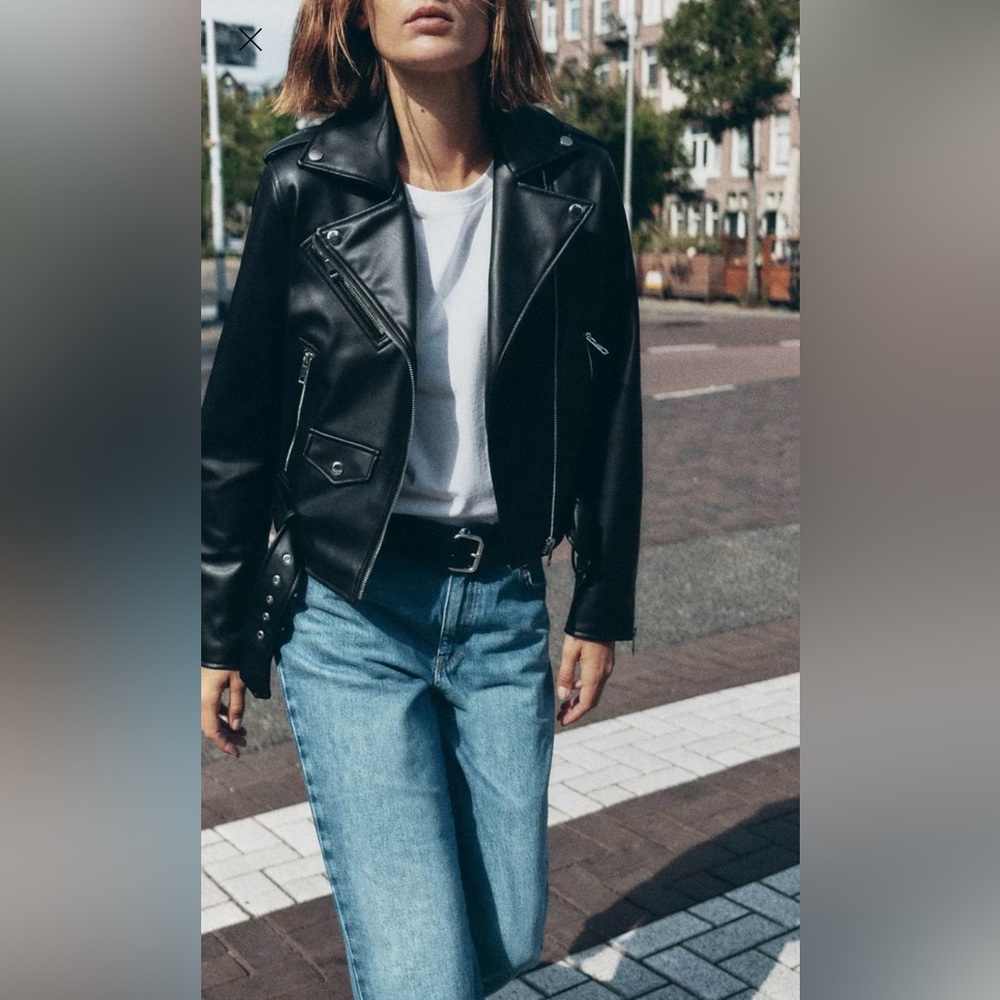 Zara FAUX LEATHER BIKER JACKET Metallic Details NEW (without tags) XL